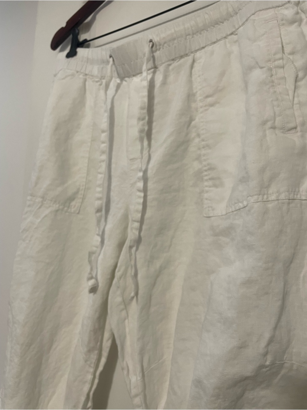 100% Linen Lord & Taylor White Elastic Waist Pants, Size Large